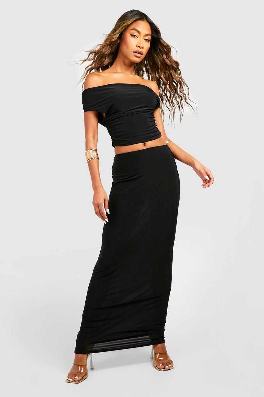 Crop top con spalle attorcigliate & gonna maxi, Black image number 1