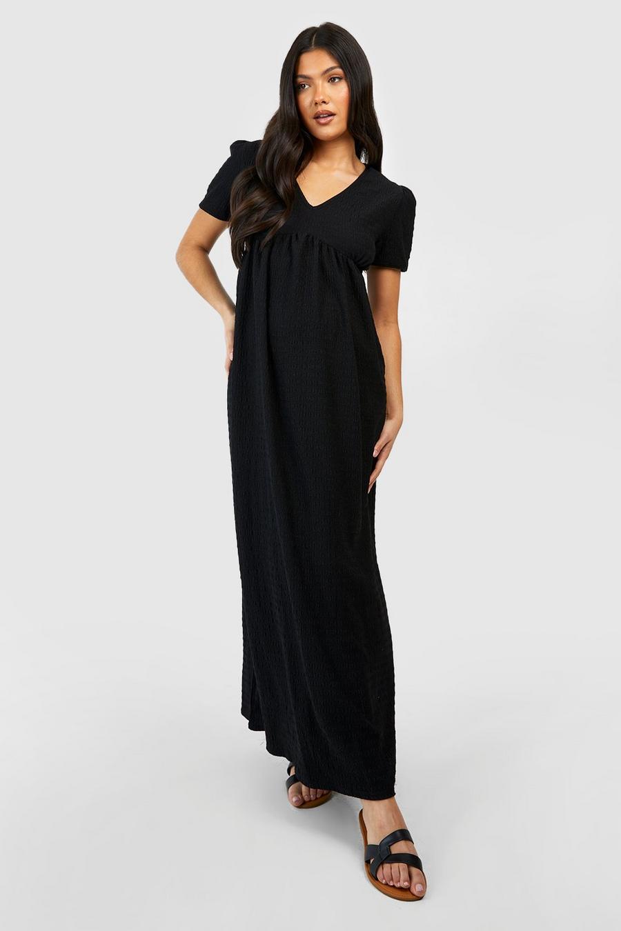 Black Maternity Textured Puff Sleeve Maxi Dress image number 1