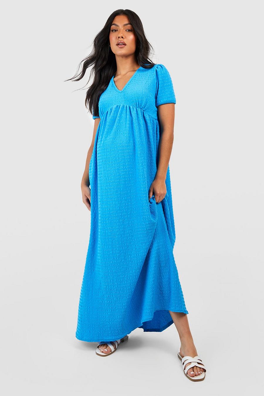 Turquoise blå Maternity Textured Puff Sleeve Maxi Dress image number 1