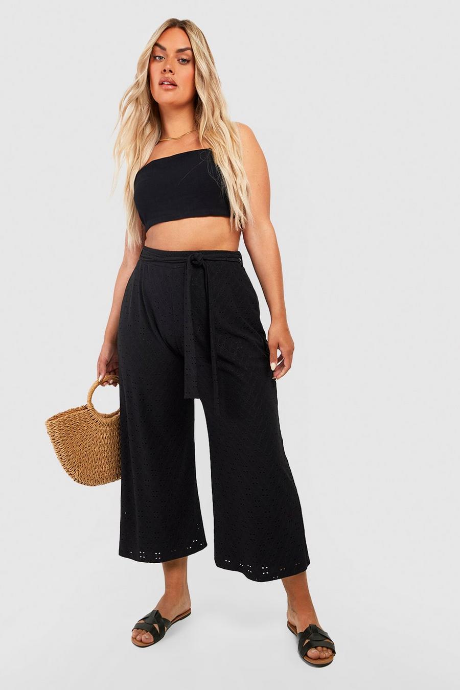 Black Plus Jersey Broderie Belted Culotte Trousers image number 1