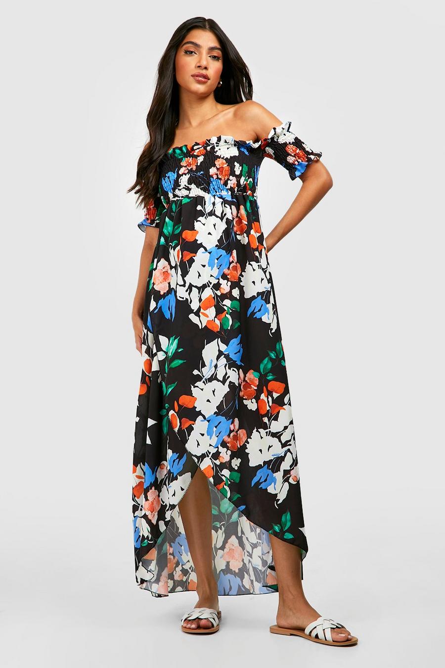 Black Maternity Floral Shirred Off Shoulder Maxi Dress