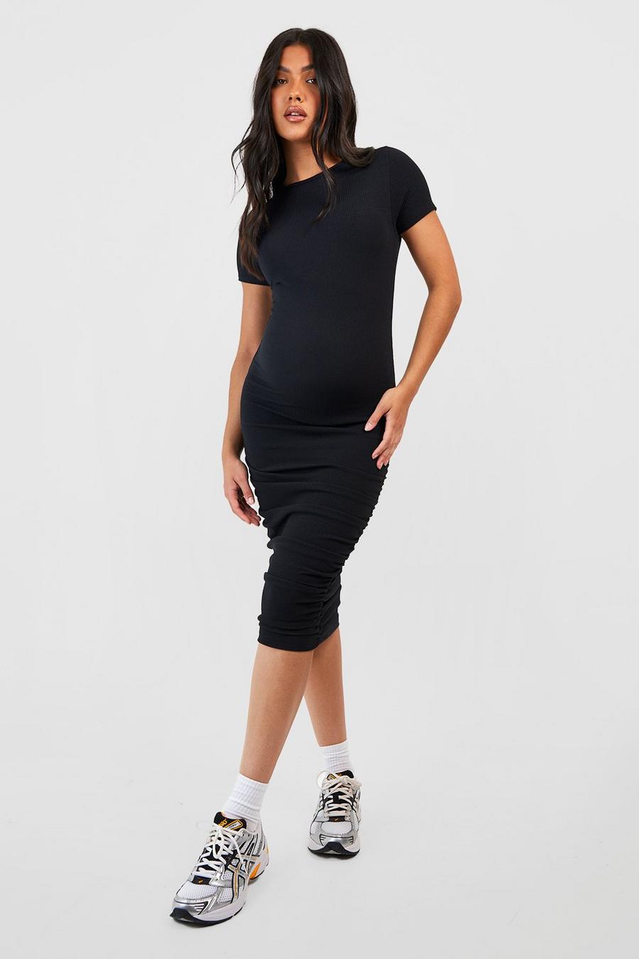 Black Maternity Crinkle Rib Ruched Short Sleeve Bodycon Dress image number 1