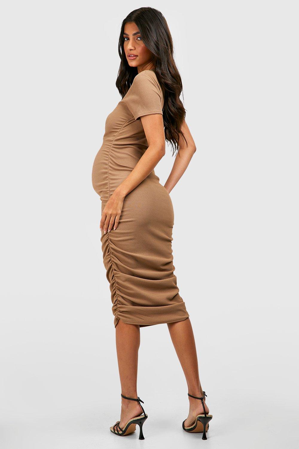 Maternity Crinkle Rib Ruched Short Sleeve Bodycon Dress boohoo