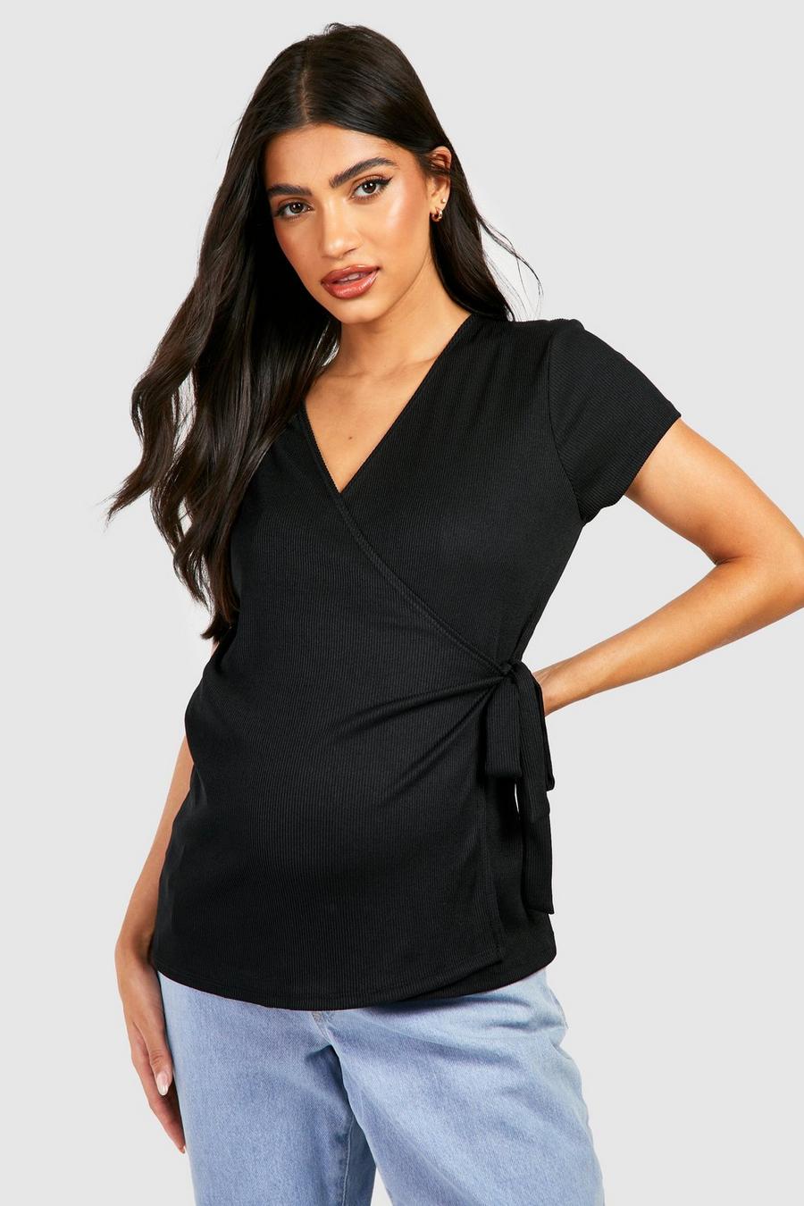 Black svart Maternity Rib Wrap Nursing Short Sleeve Top