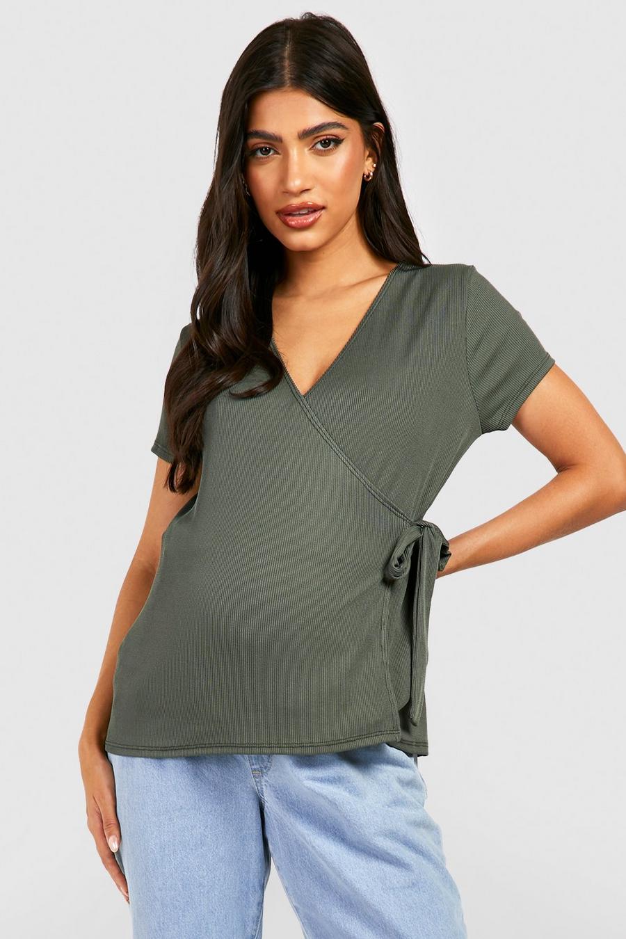 Khaki Maternity Rib Wrap Nursing Short Sleeve Top