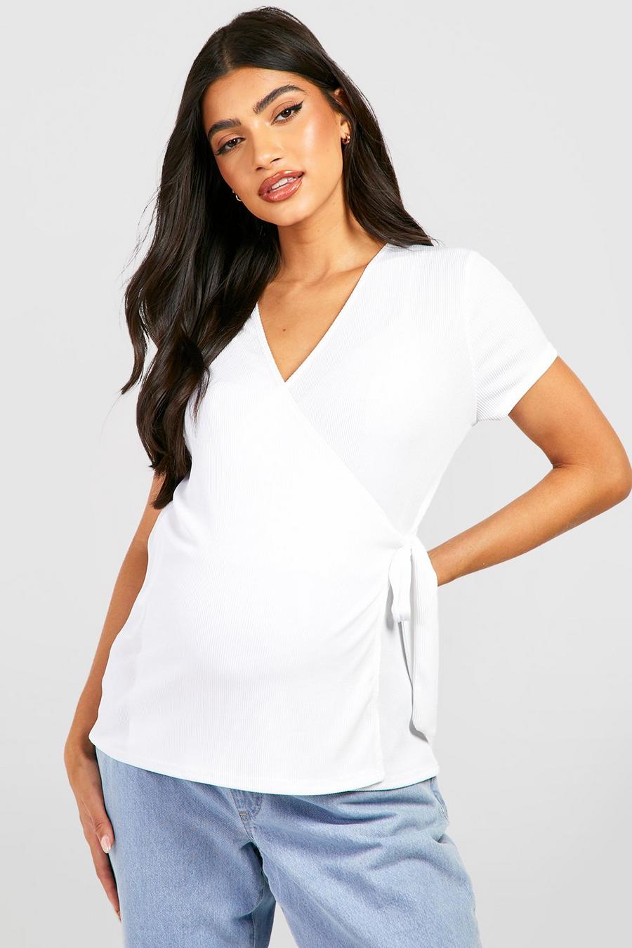 White Maternity Rib Wrap Nursing Short Sleeve Top