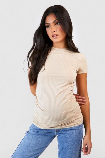 Stone Beige Maternity Rib Scoop Neck T-shirt