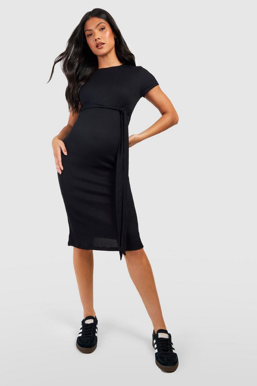 Black Maternity Rib Belted Short Sleeve Midi Dress image number 1