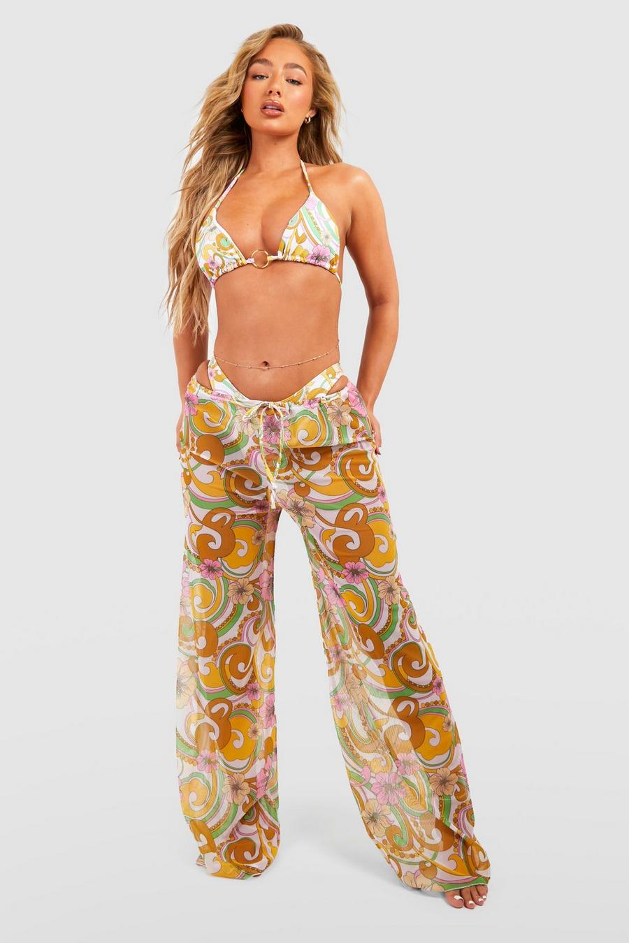 Yellow Abstract 3 Pack O-ring Bikini Set & Trousers image number 1