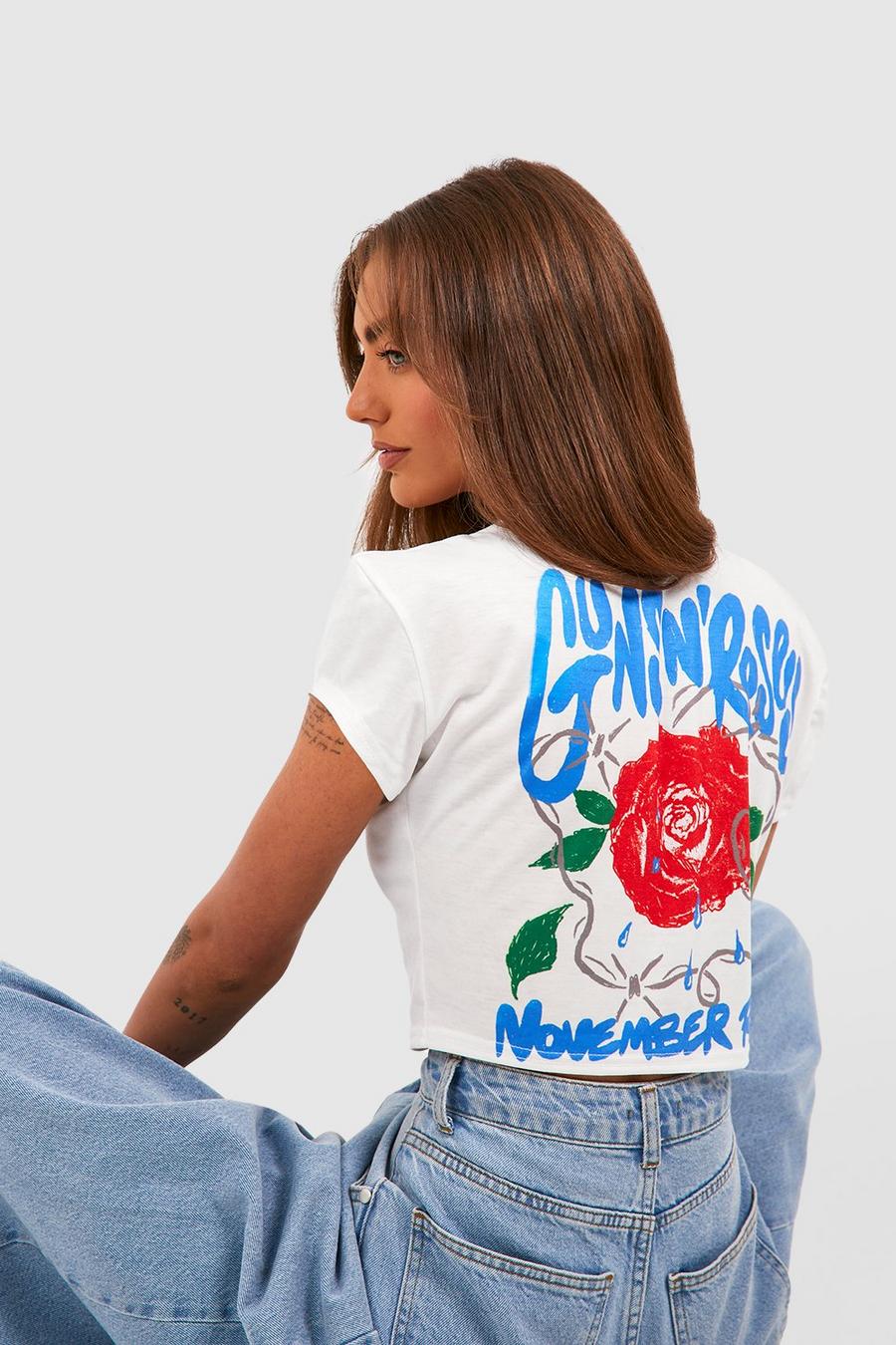 Camiseta crop con estampado de Guns N Roses en la espalda, White bianco