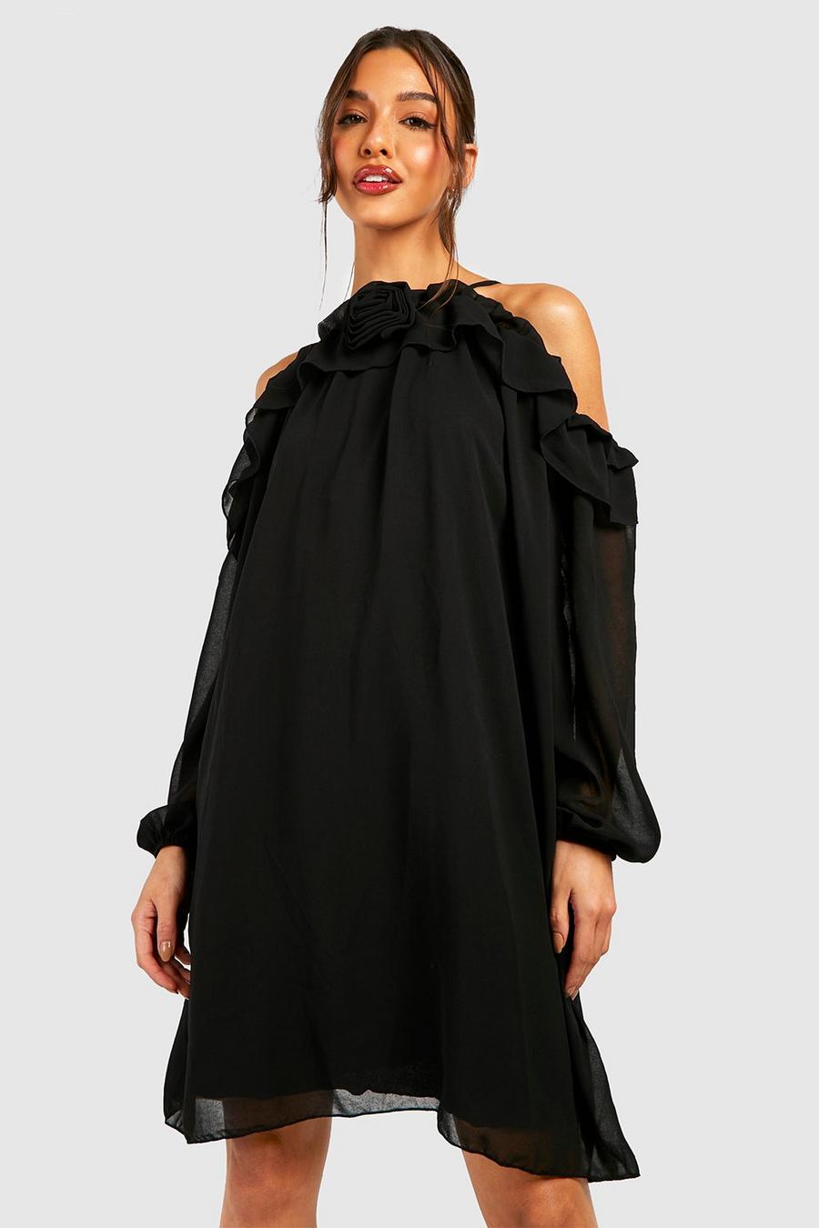 Black Corsage Cold Shoulder Swing Mini Dress