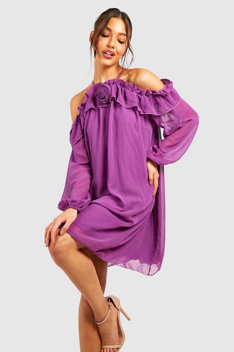 Purple Kort cold shoulder-klänning med corsage image number 1