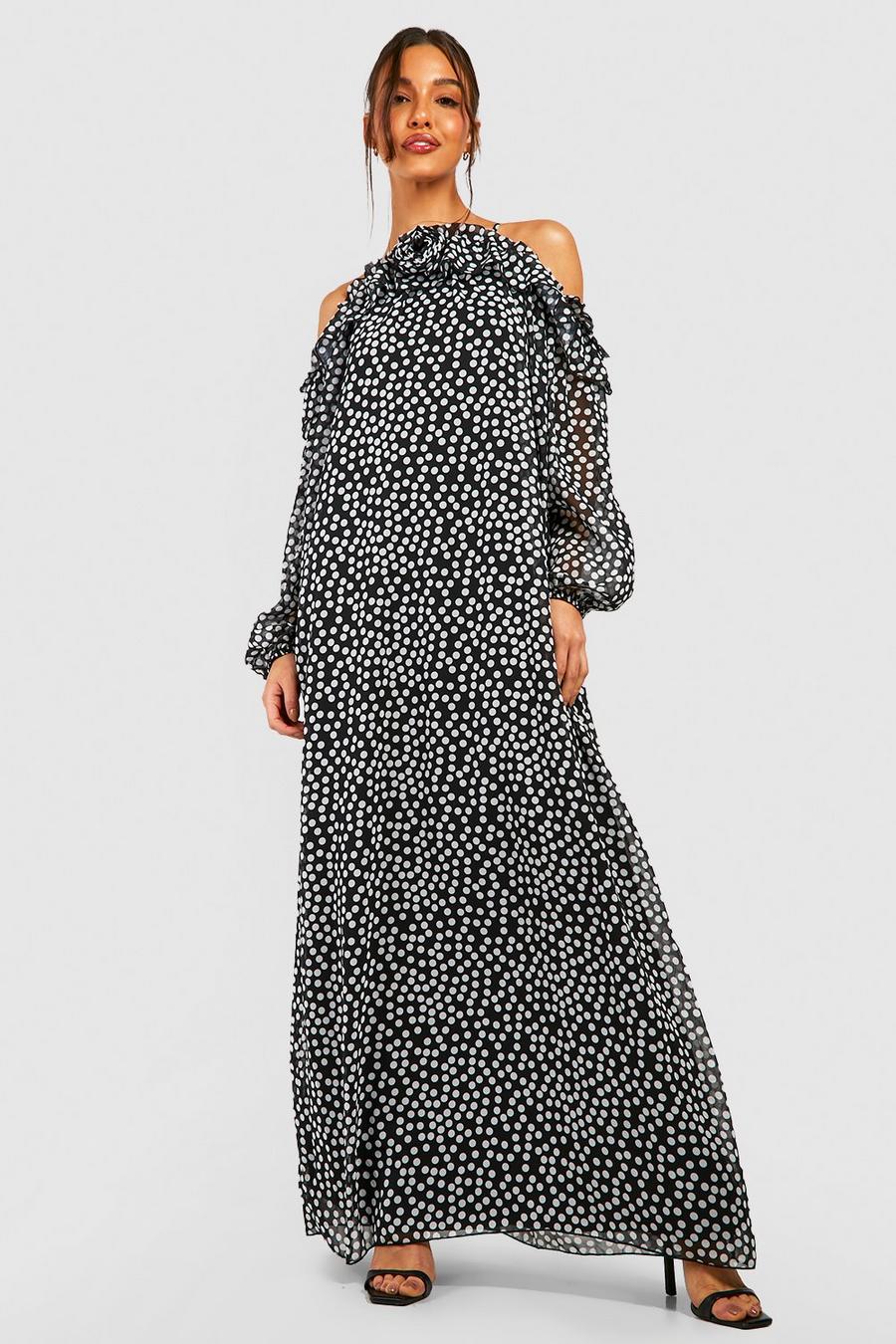 Black Polka Dot Corsage Cold Shoulder Maxi Dress image number 1