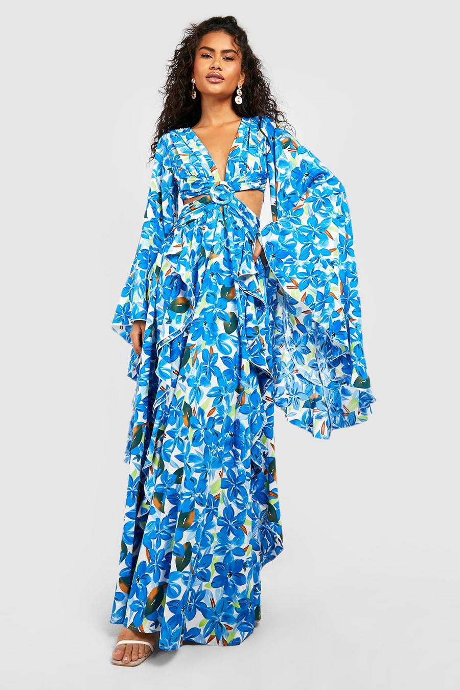 Blue Floral Chiffon Print Cut Out Maxi Dress