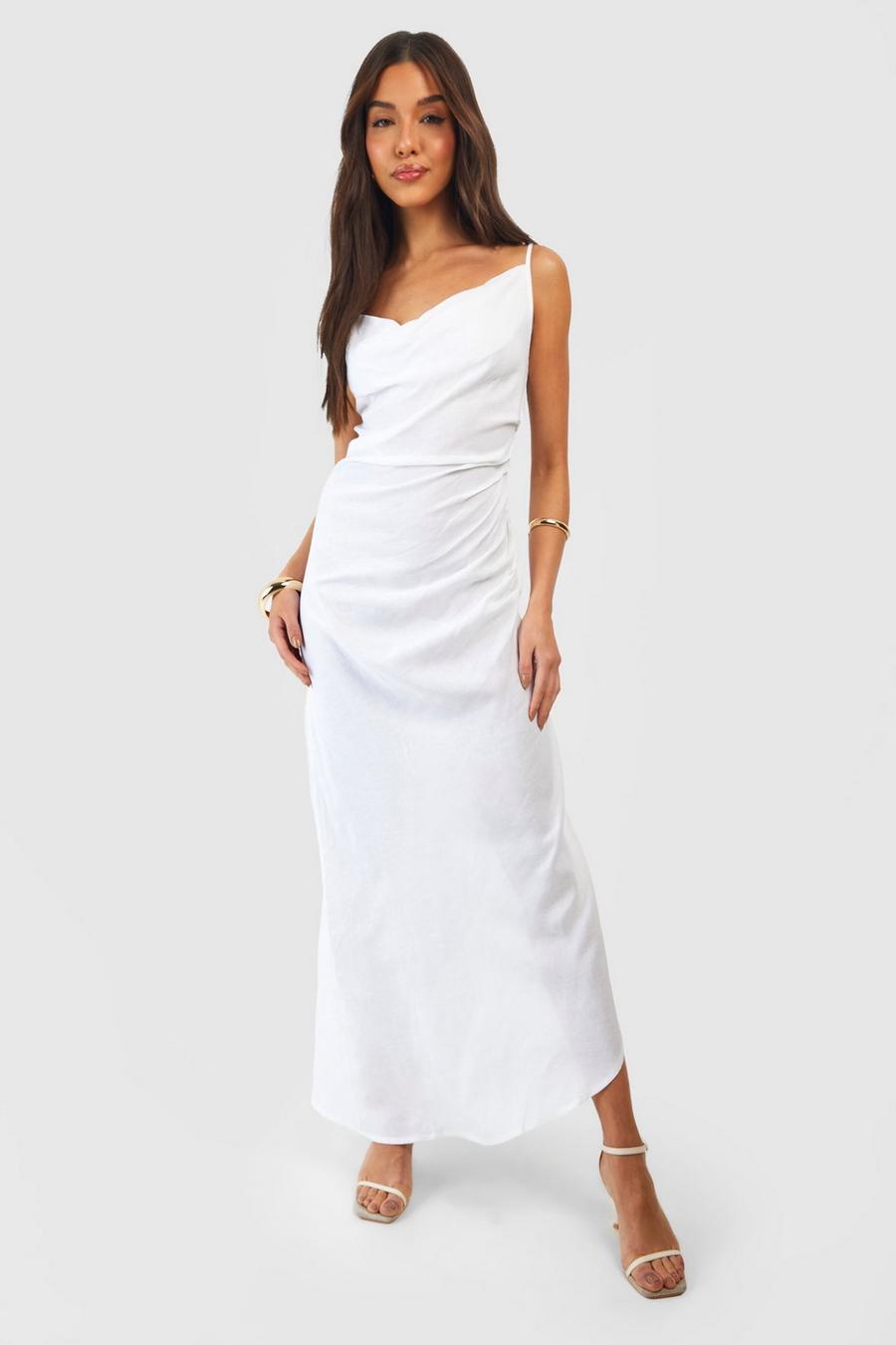 Ivory Linen Strappy Draped Midi Dress