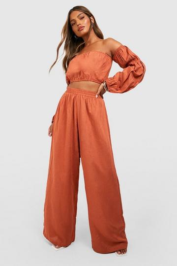 Linen Off The Shoulder Voluminous Sleeve Crop & Wide Leg Pants terracotta