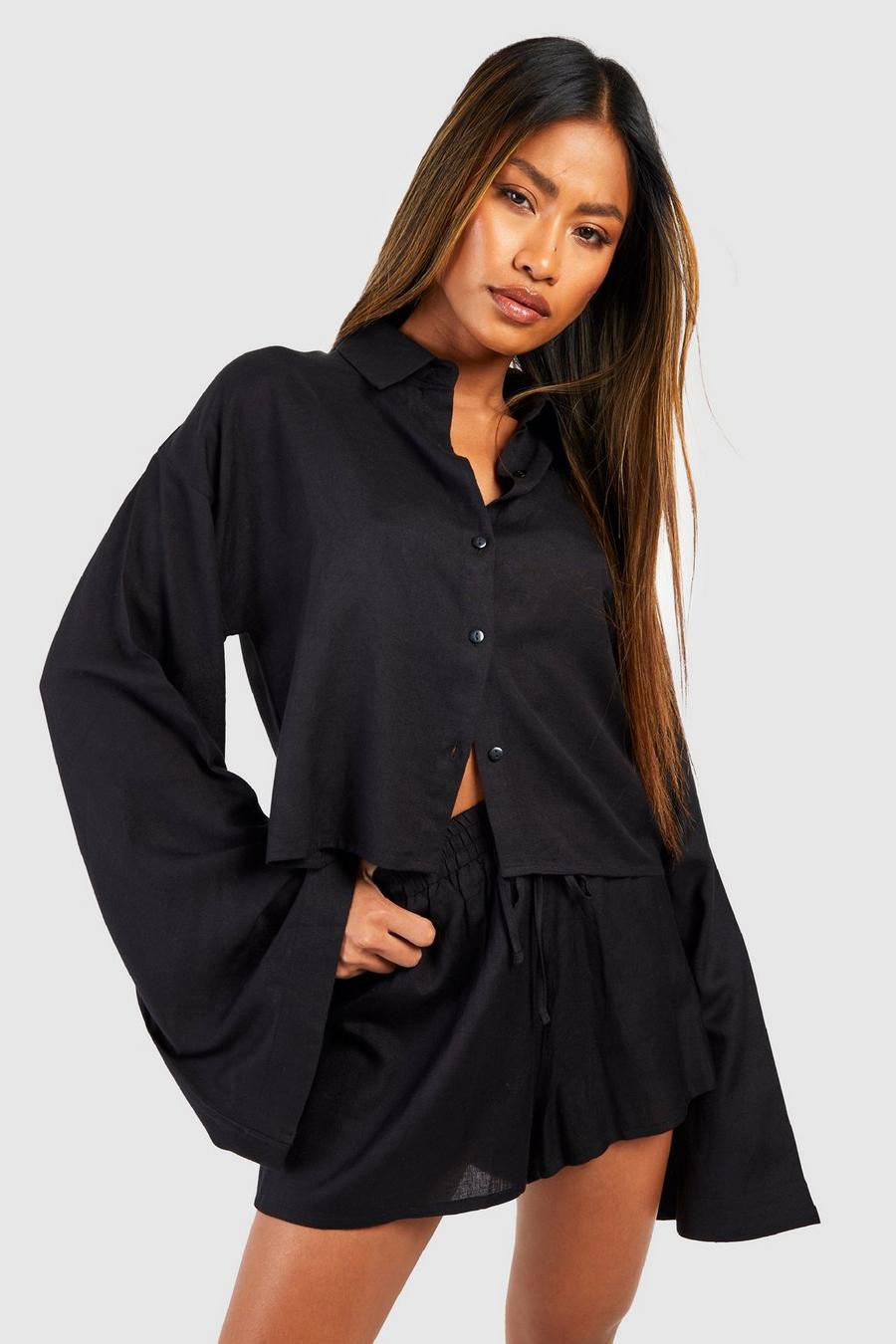 Black Linen Flared Sleeve Shirt & Floaty Shorts image number 1