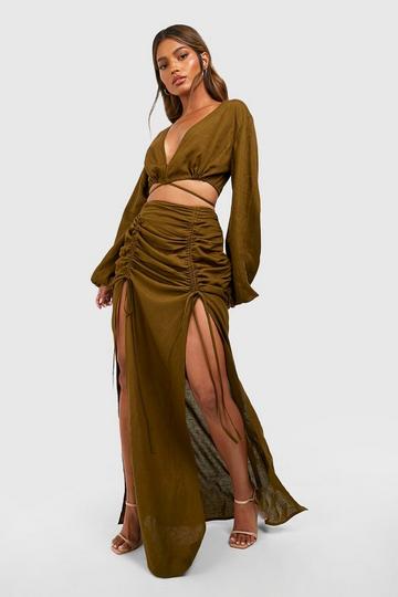 Linen Look Tie Waist Crop & Ruched Detail Maxi Skirt khaki