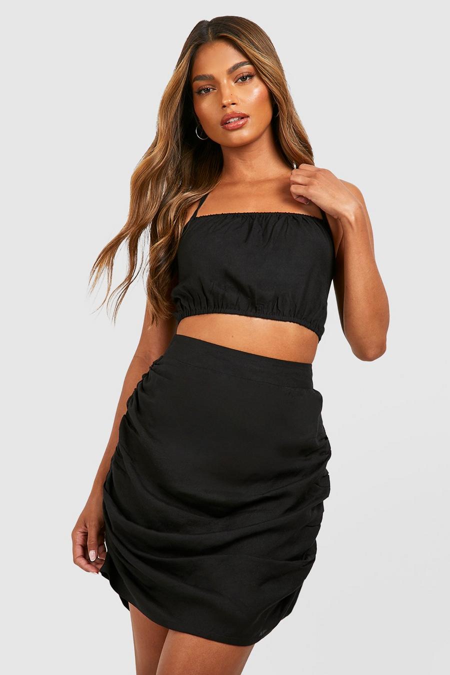 Black Linen Ruched Halter Bralette & Mini Skirt