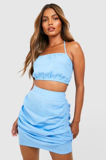 Blue Linen Ruched Halter Bralette & Mini Skirt