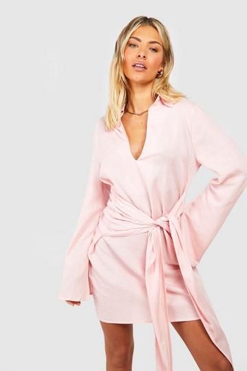 Linen Tie Detail Shirt Mini Beach Dress dusty pink