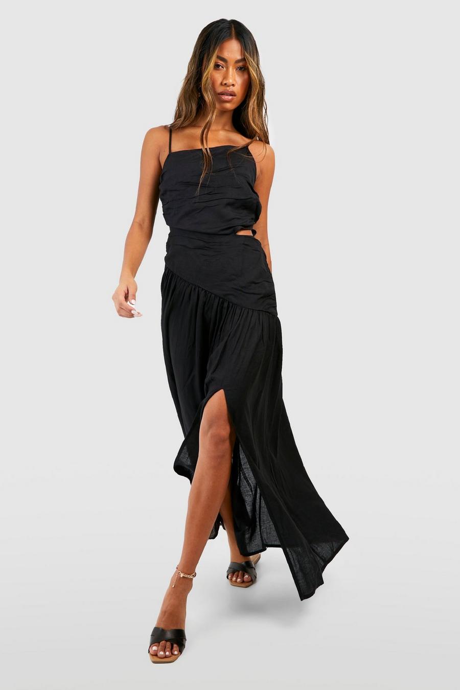 Black Linen Asymmetric Waist Detail Maxi Dress image number 1