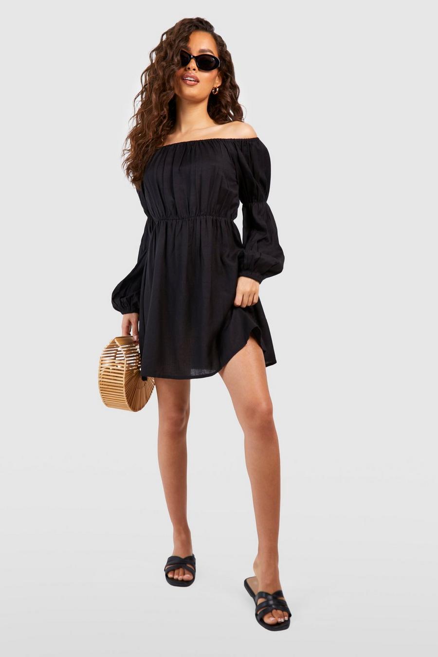 Vestido mini para la playa de lino con escote bardot y mangas anchas, Black