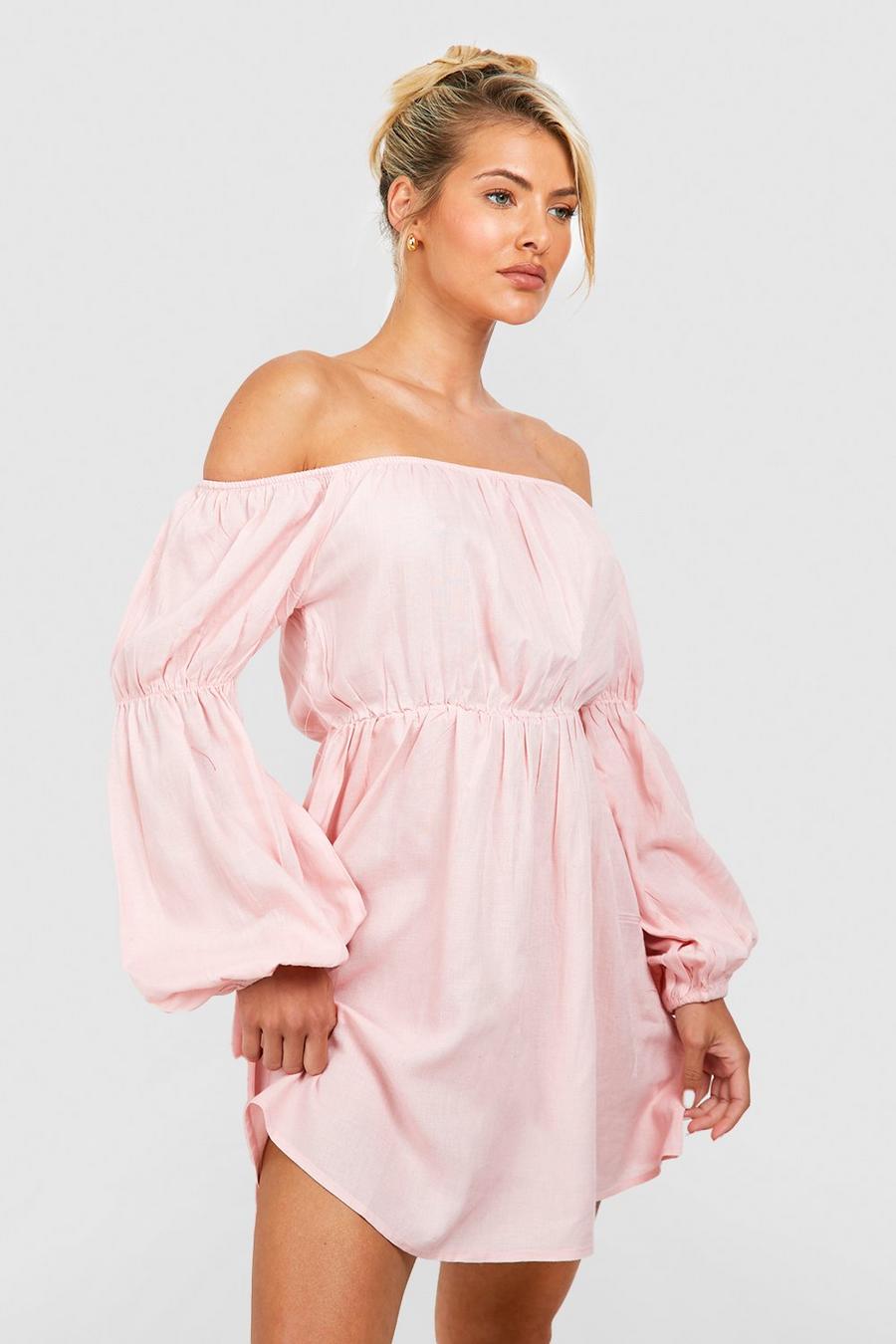 Dusty pink Linen Bardot Voluminous Sleeve Mini Beach Dress image number 1