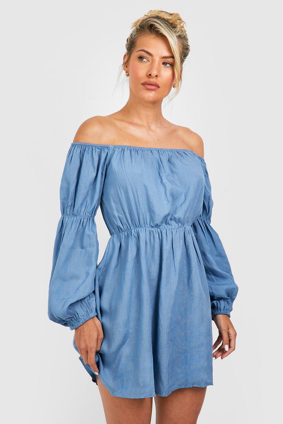 Powder blue Linen Bardot Voluminous Sleeve Mini Beach Dress