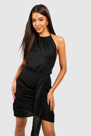 Black Linen Halter Drape Detail Mini Dress