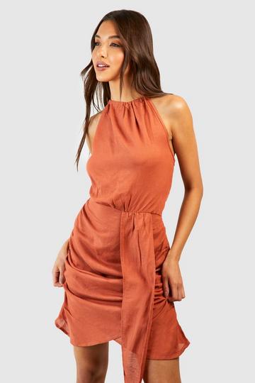 Terracotta Orange Linen Halter Drape Detail Mini Dress