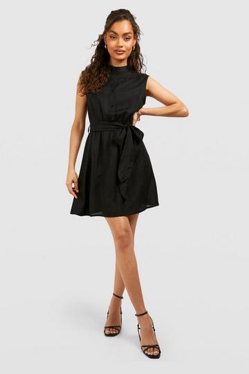 Linen Belted Shirt Mini Dress black