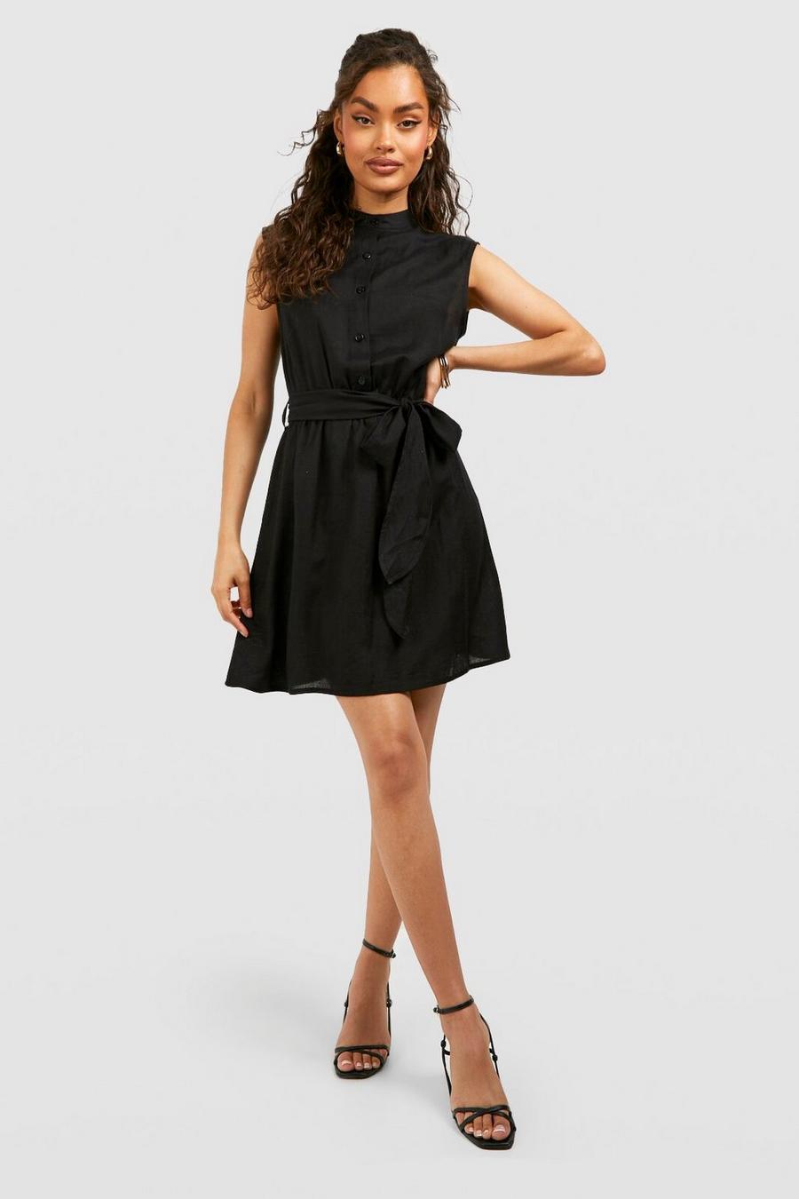 Black Linen Belted Shirt Mini Dress image number 1