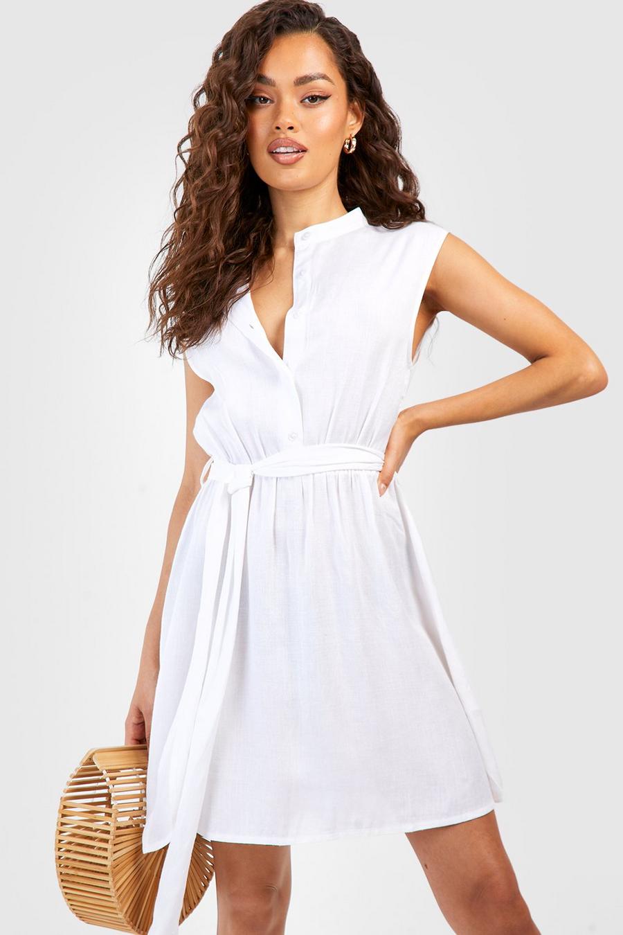 Ivory Linen Belted Shirt Mini Dress image number 1