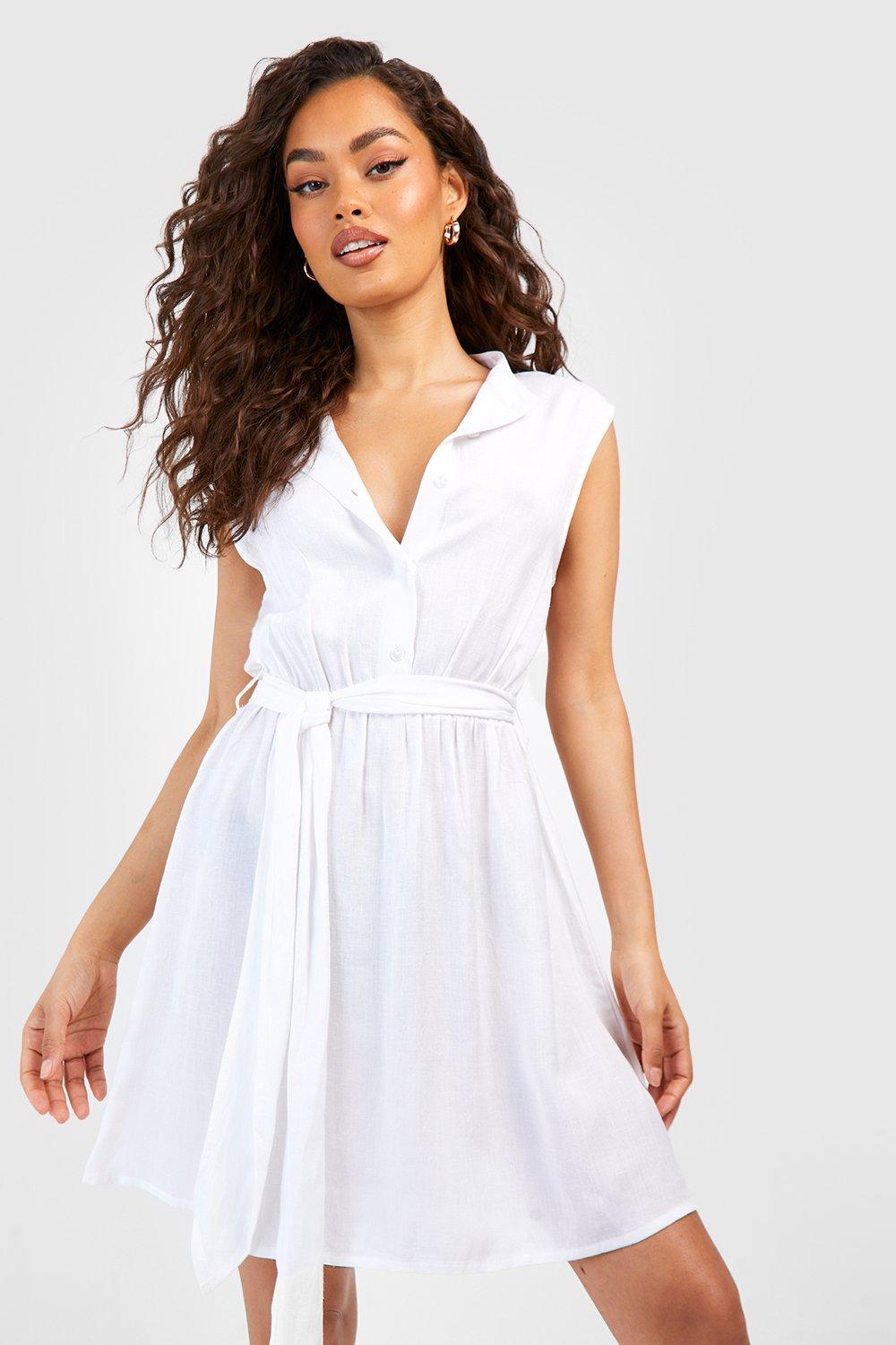 White linen belted on sale dress