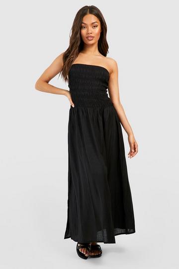 Black Linen Shirred Panel Midi Dress