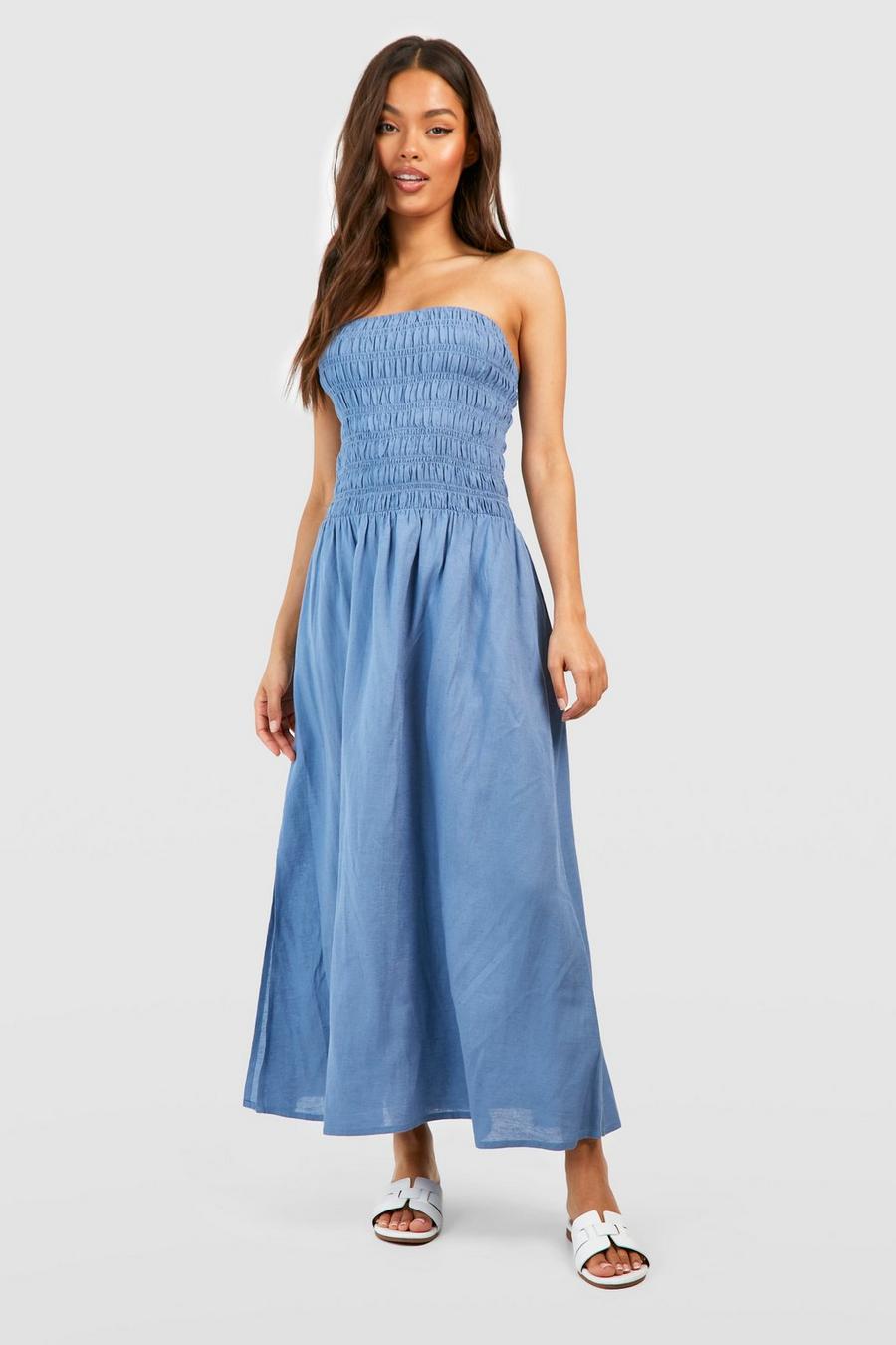 Powder blue Linen Shirred Panel Midaxi Dress image number 1