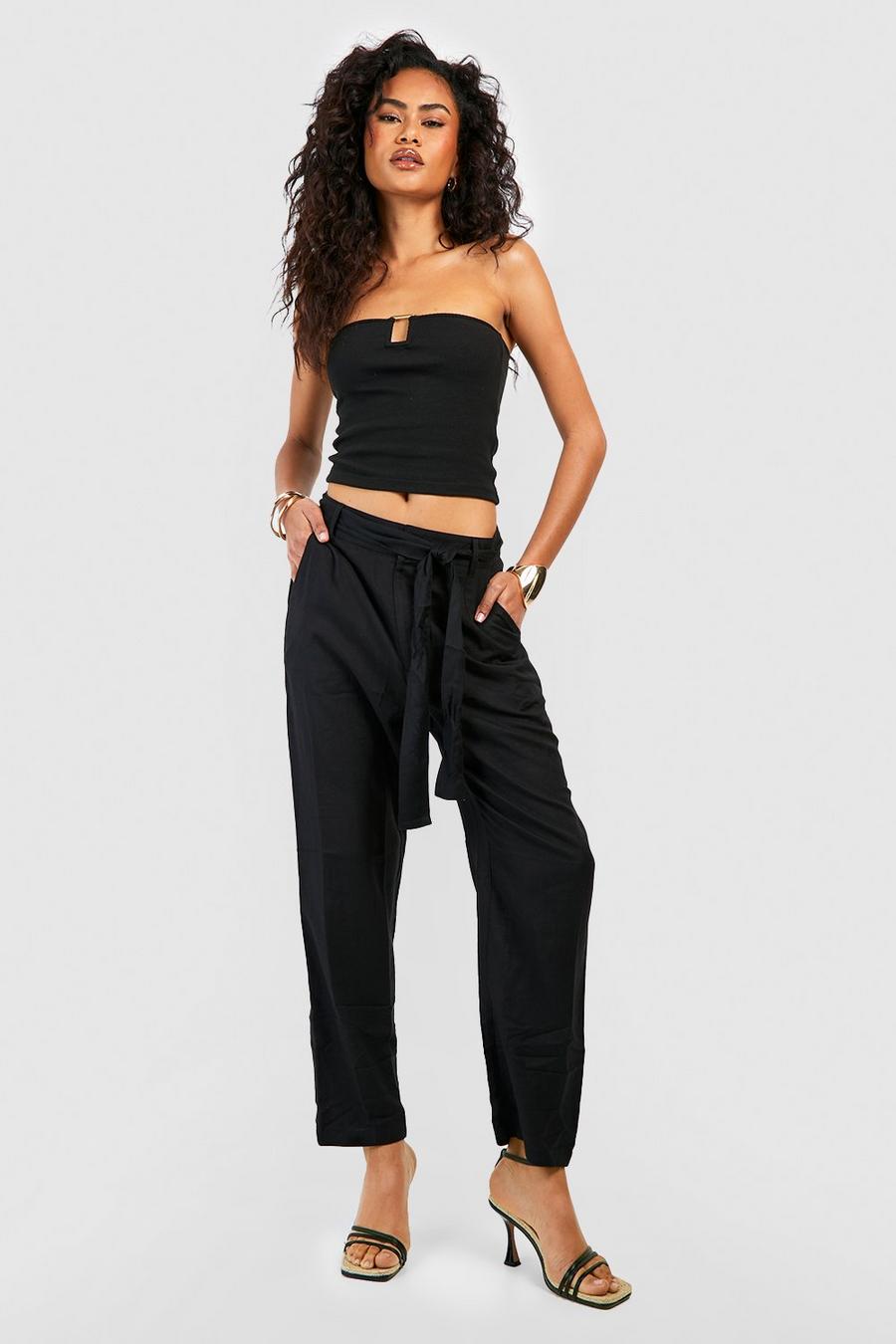 Black Linen Tie Waist Slim Fit Pants