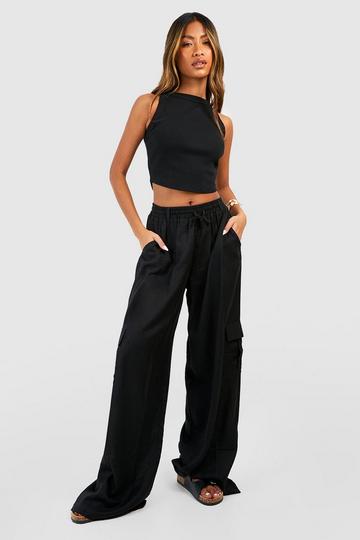 Linen Wide Leg Cargo Pants black