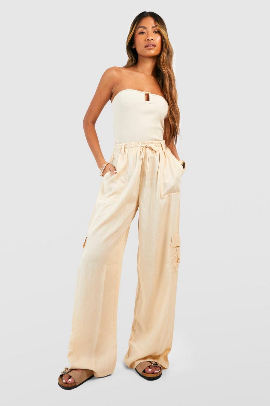 Stone Linen Wide Leg Cargo Trousers  image number 1
