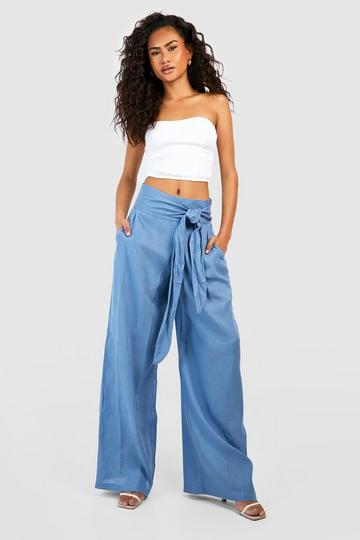 Linen High Waisted Belted Wide Leg Pants powder blue