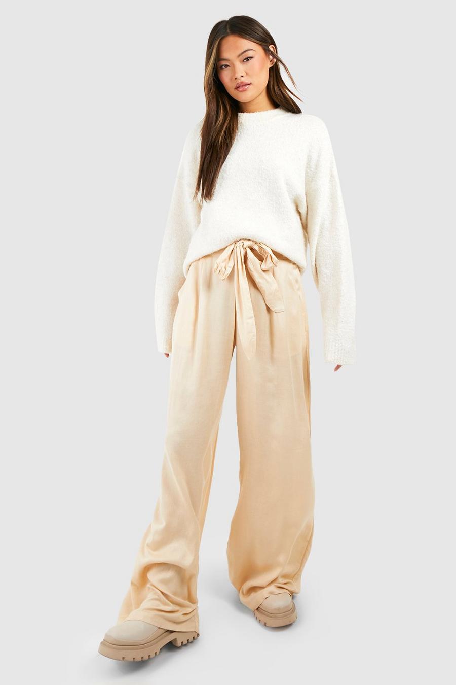 Stone Linen High Waisted Belted Wide Leg Pants