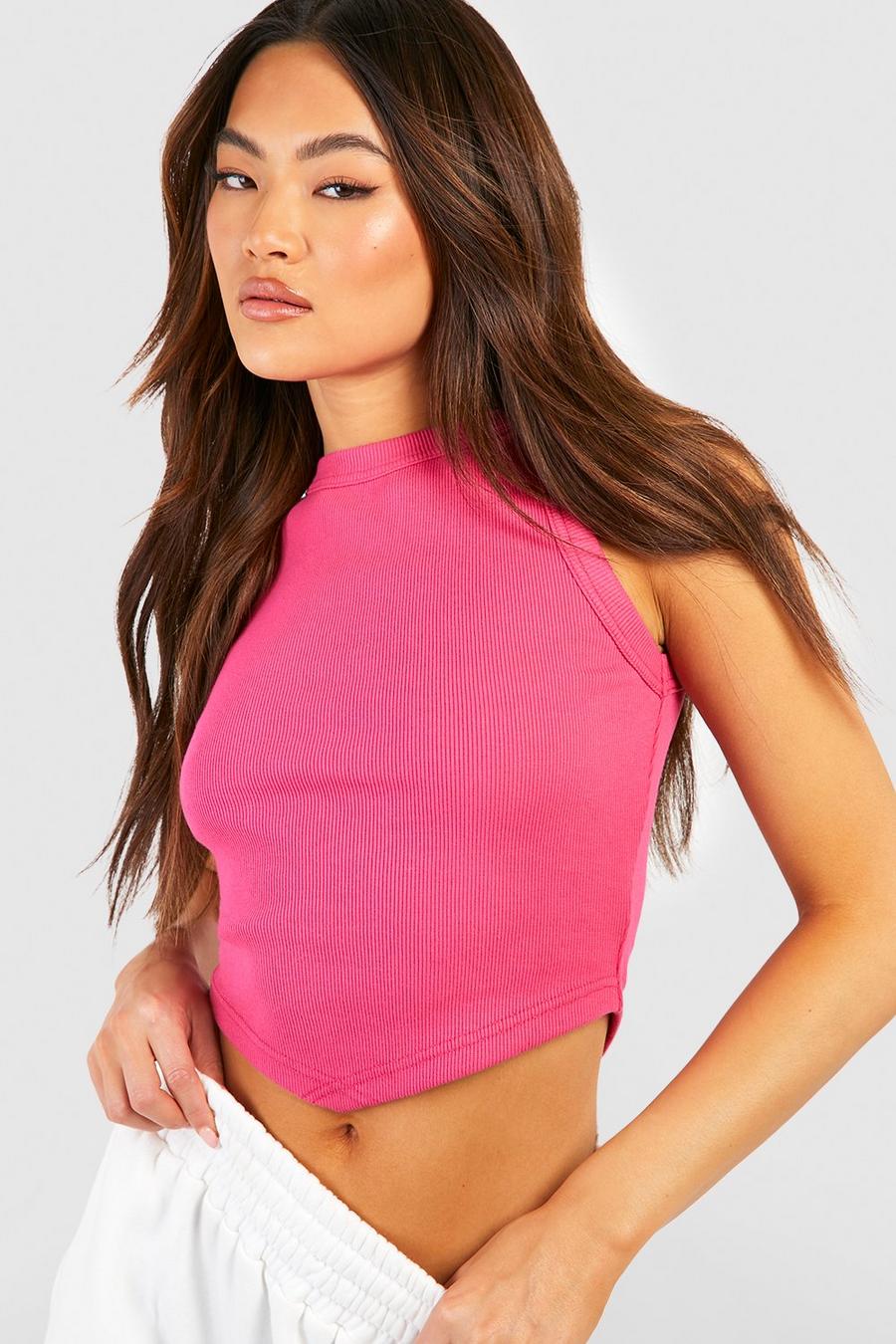 Hot pink Dik Geribbeld Hemd Met V-Zoom