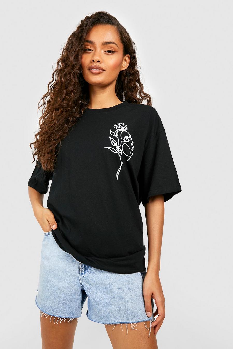 Black Oversized Bloemen Smiley T-Shirt Met Borstopdruk image number 1