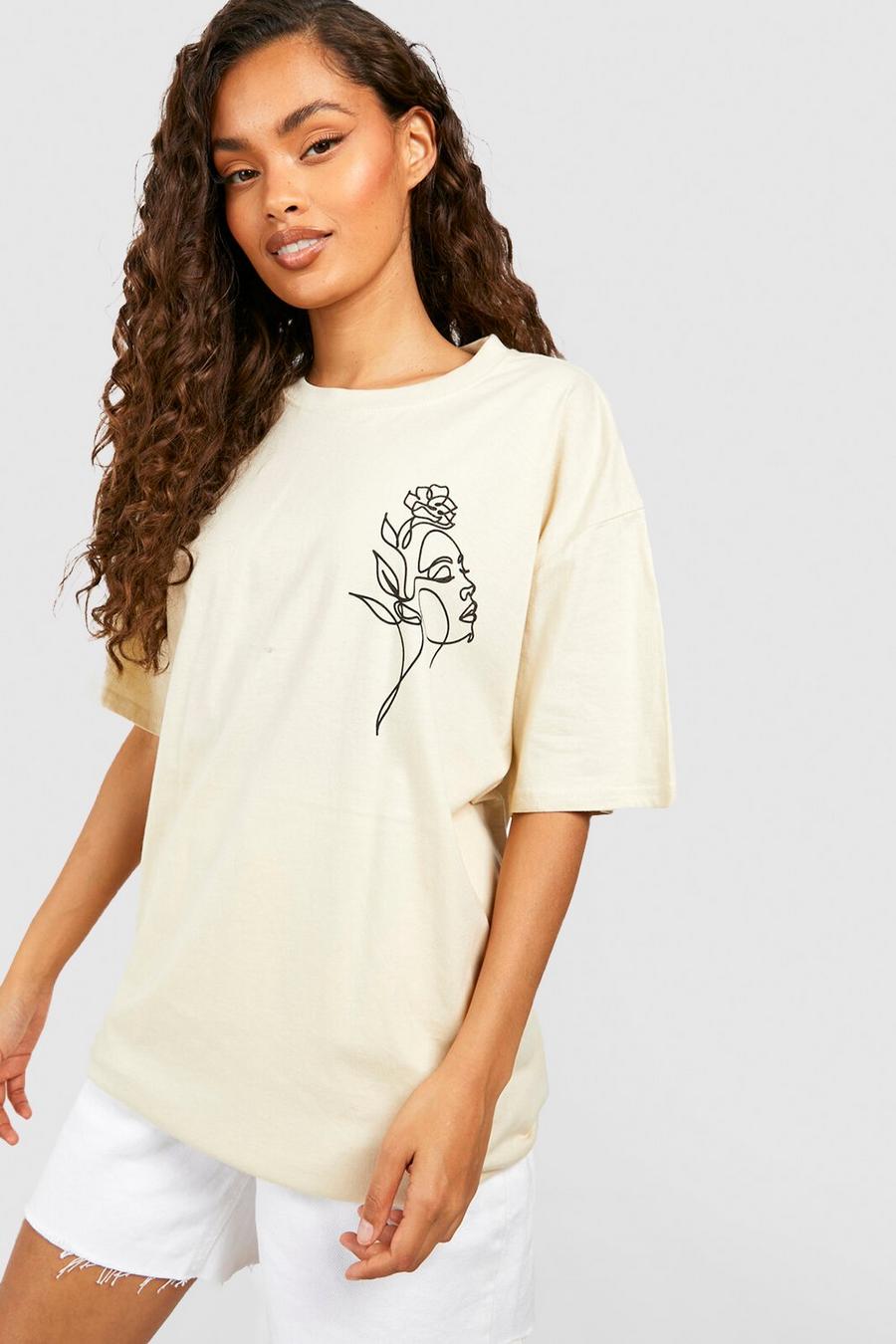 Sand beige Flower Face Pocket Print Oversized T-shirt