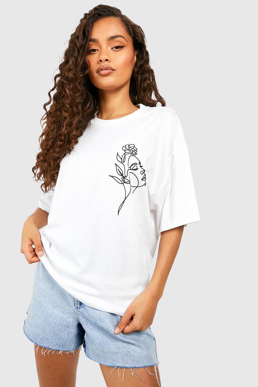 White Flower Face Pocket Print Oversized T-shirt