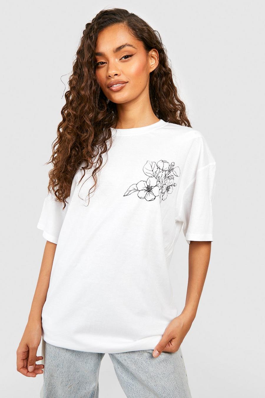 White Oversized Bloemen T-Shirt Met Borstopdruk image number 1