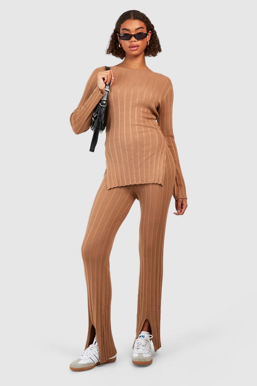 Taupe Tall Mixed Rib Knitted Pants Co-Ord image number 1
