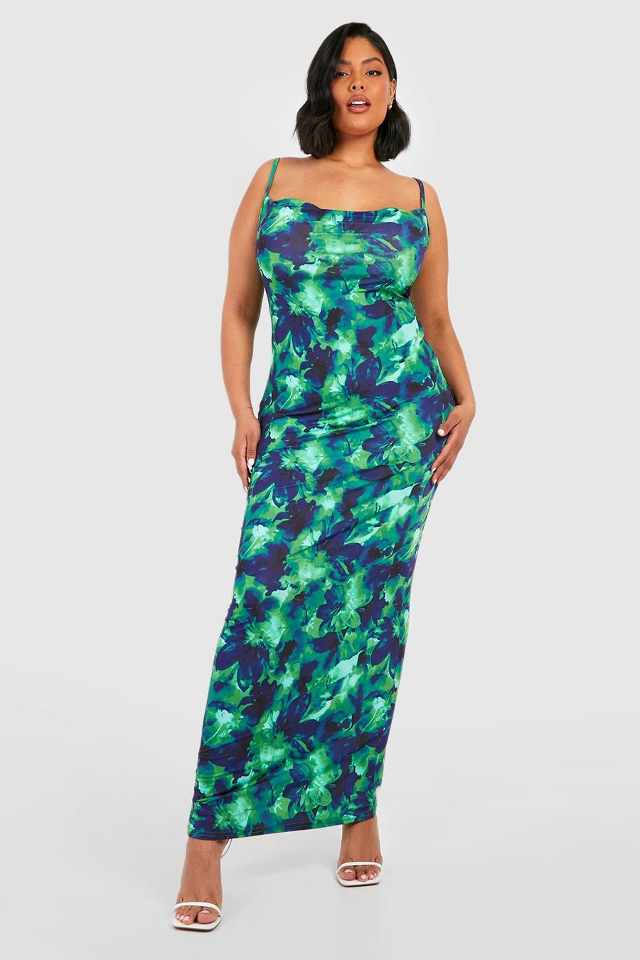 Green Plus Slinky Printed Cowl Neck Maxi Dress