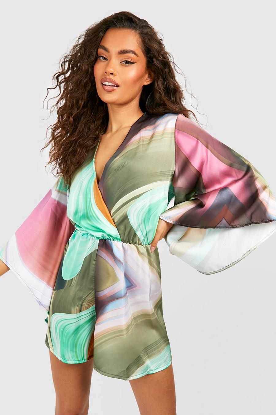 Green Abstract Flare Sleeve Playsuit image number 1